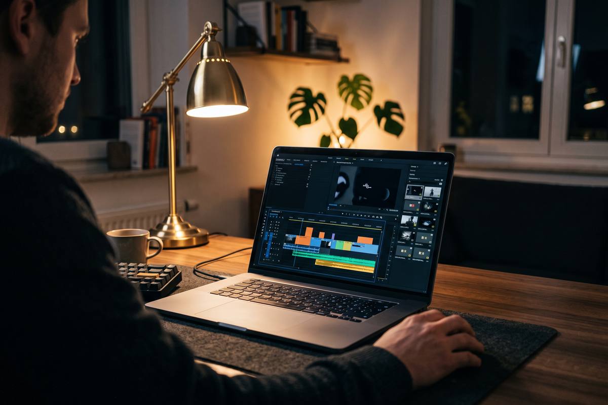 Laptop showing an editing timeline while planning a shot list