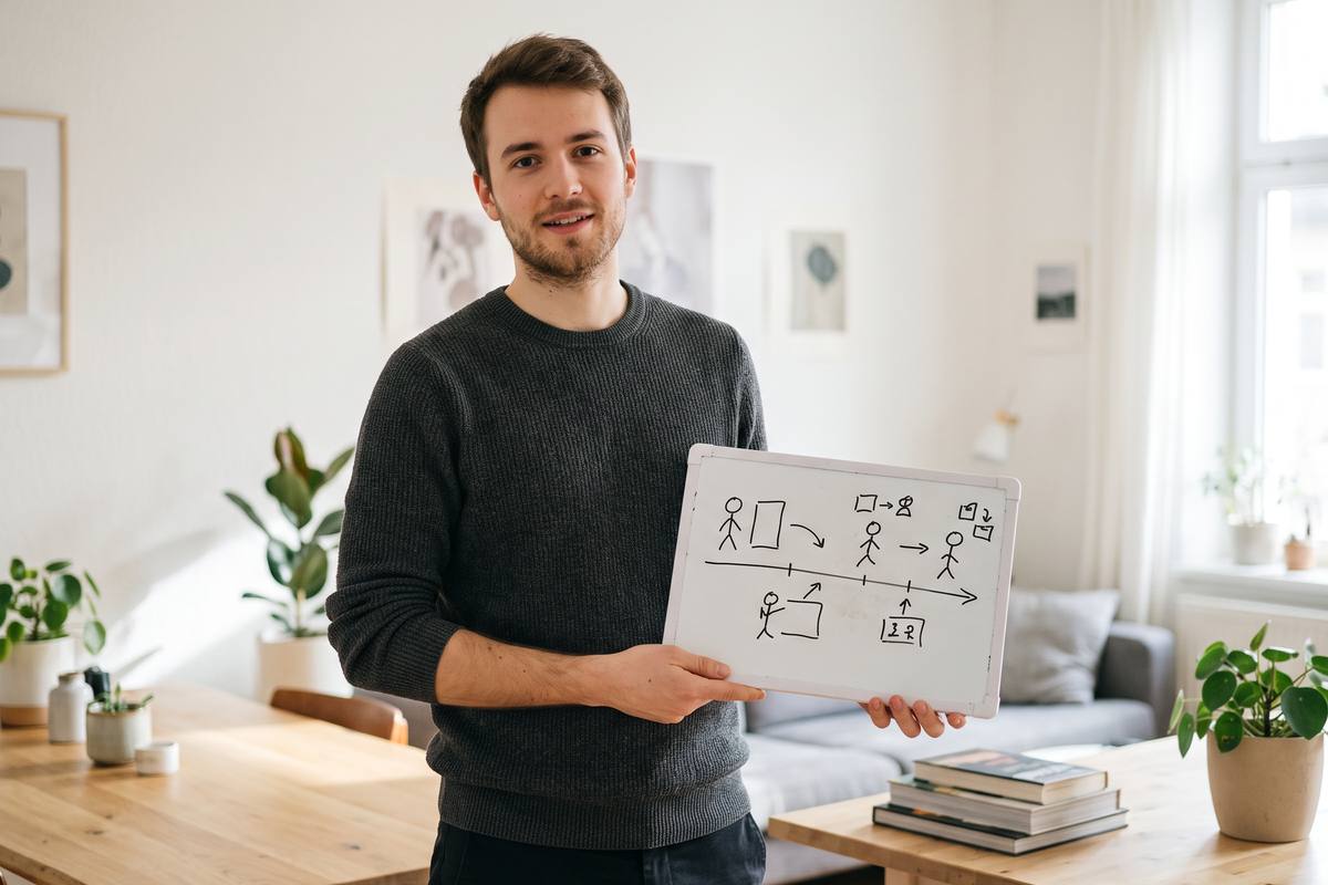 Creator holding a whiteboard with rough scene sketches while planning
