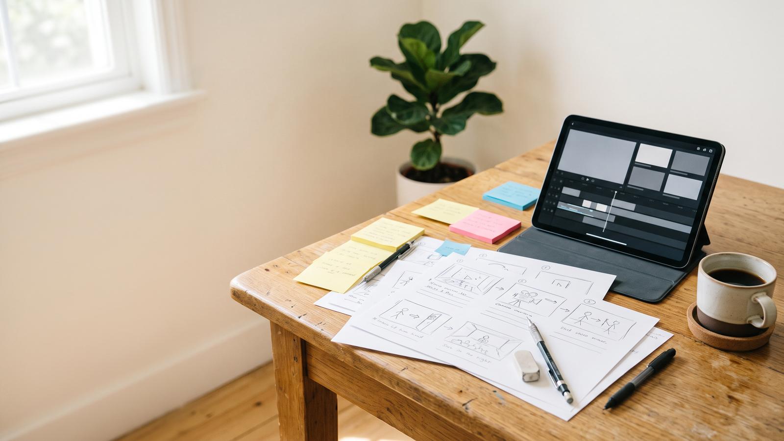 Desk with storyboard sheets, sticky notes and a tablet showing a shot plan